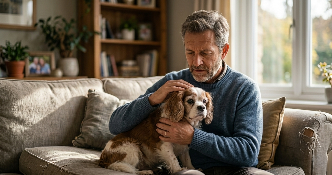 Owner comforting a dog on a couch in a warm home environment