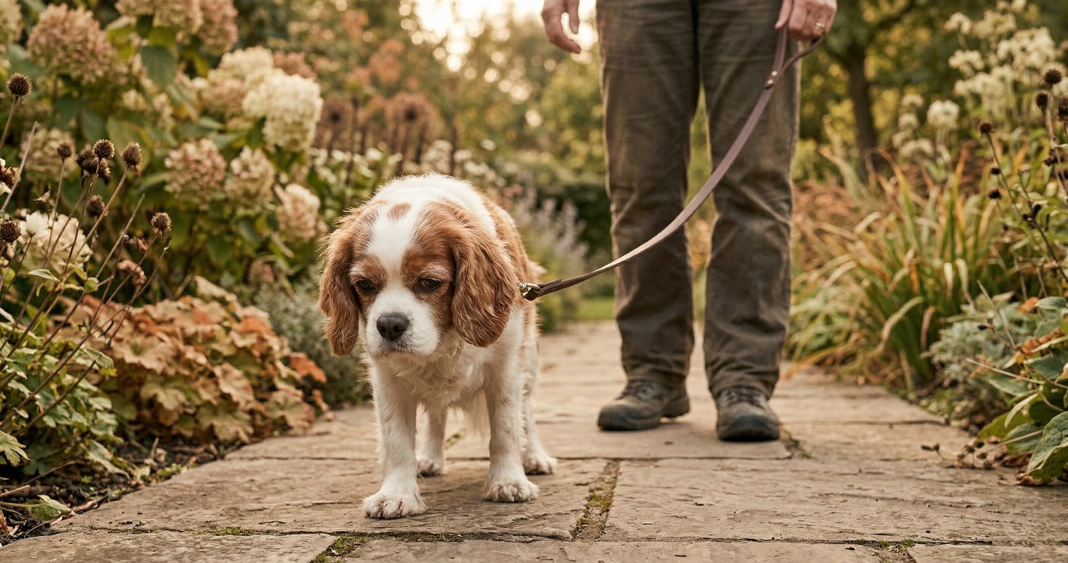 Golden Retriever walking slowly with owner on a quiet neighborhood street