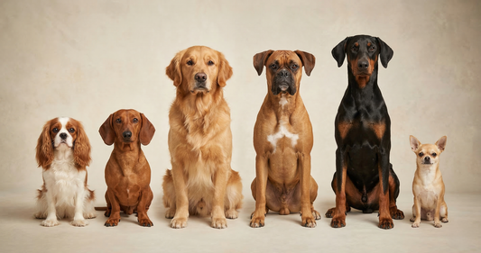 Six dogs of different breeds sitting together including Cavalier Dachshund Golden Retriever Boxer Doberman and Chihuahua