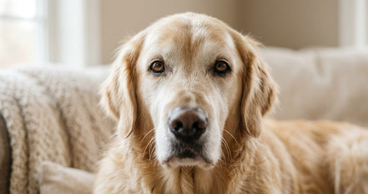 Senior dog looking up at owner in a softly lit home environment