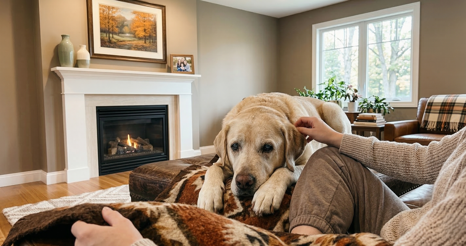 Close up of senior dog face showing cloudy eyes in natural light
