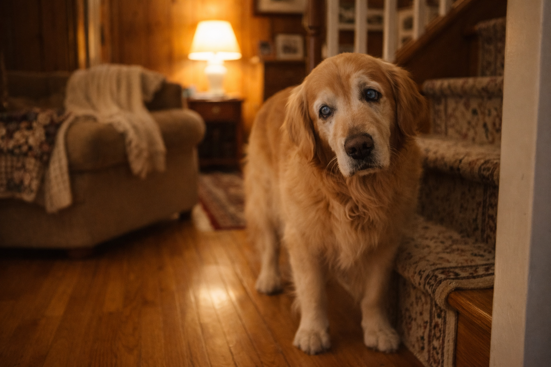 Senior dog hesitating at the bottom of a staircase indoors