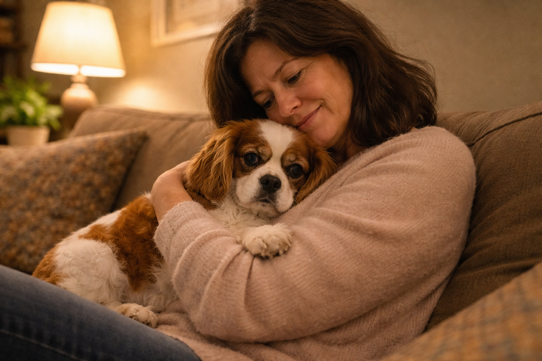 Owner sitting with a Cavalier King Charles Spaniel on a couch at home