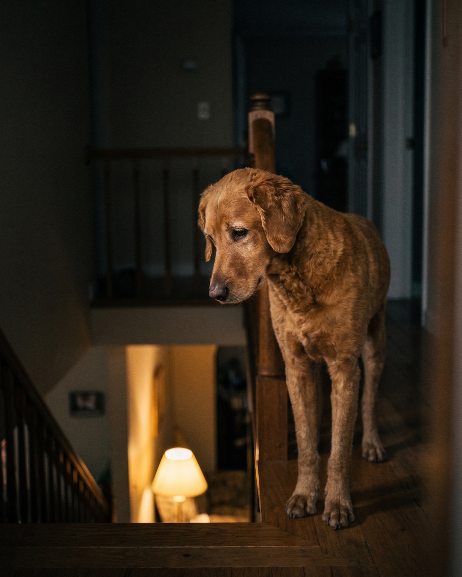 Dog standing alone in a dimly lit room looking toward a lamp at night