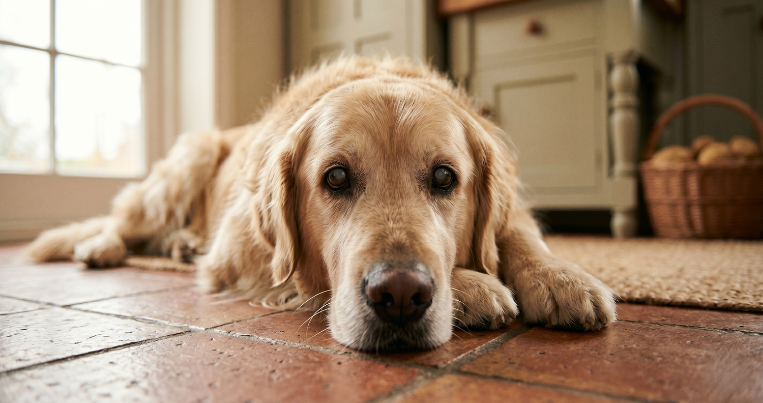 Senior dog with expressive eyes in soft natural light at home