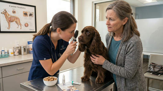 Veterinarian examining a senior dog's eyes during a wellness checkup