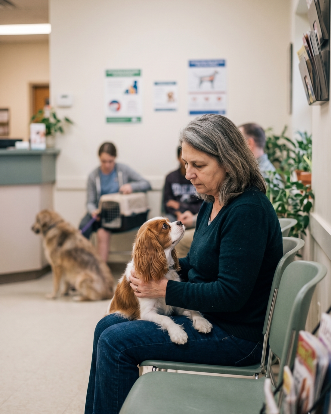 Woman holding a Cavalier King Charles Spaniel at a veterinary clinic waiting room