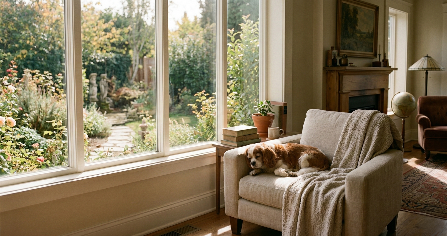 Senior dog resting on a couch in a warm living room